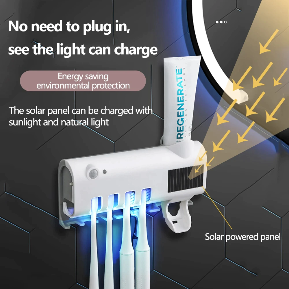 Solar-powered UV toothbrush sanitizer holder with automatic toothpaste dispenser, white, wall-mounted