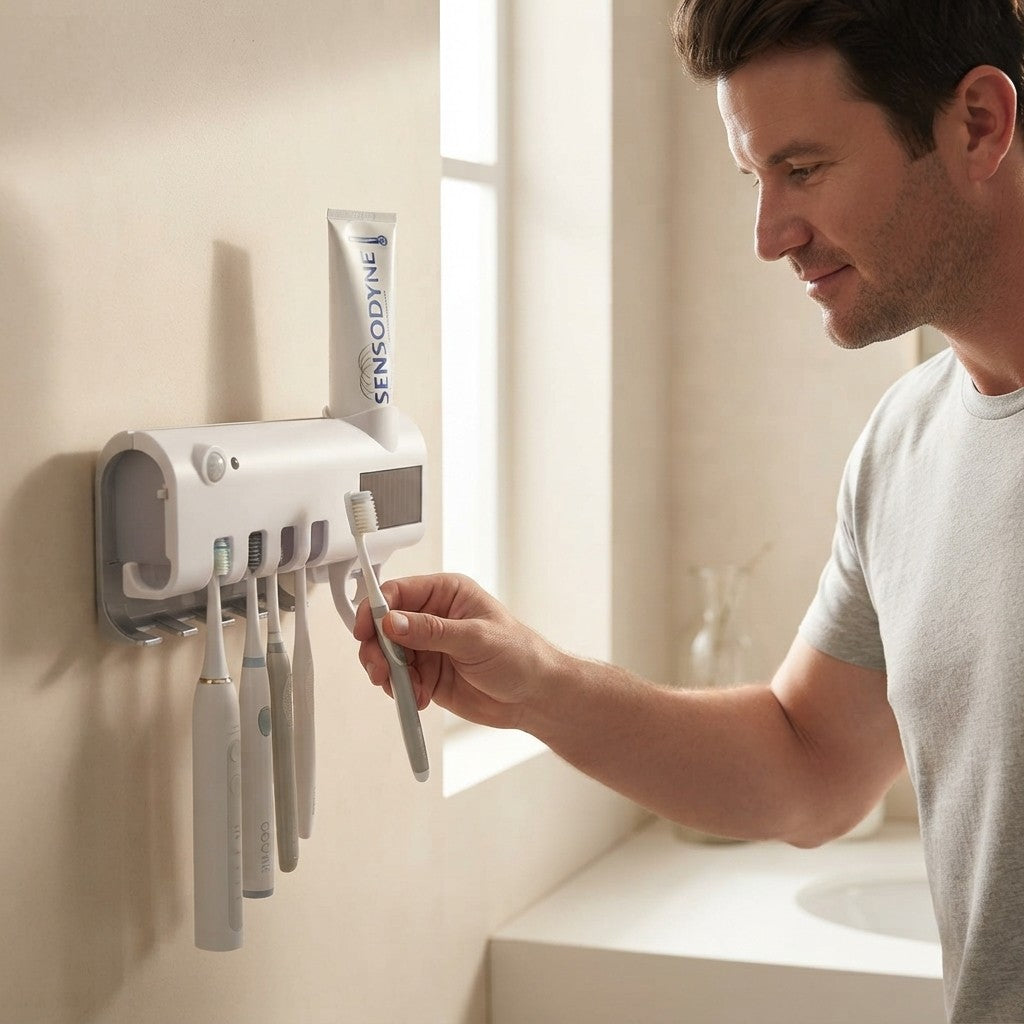 Man using the automatic toothpaste dispenser on a wall-mounted UV toothbrush holder