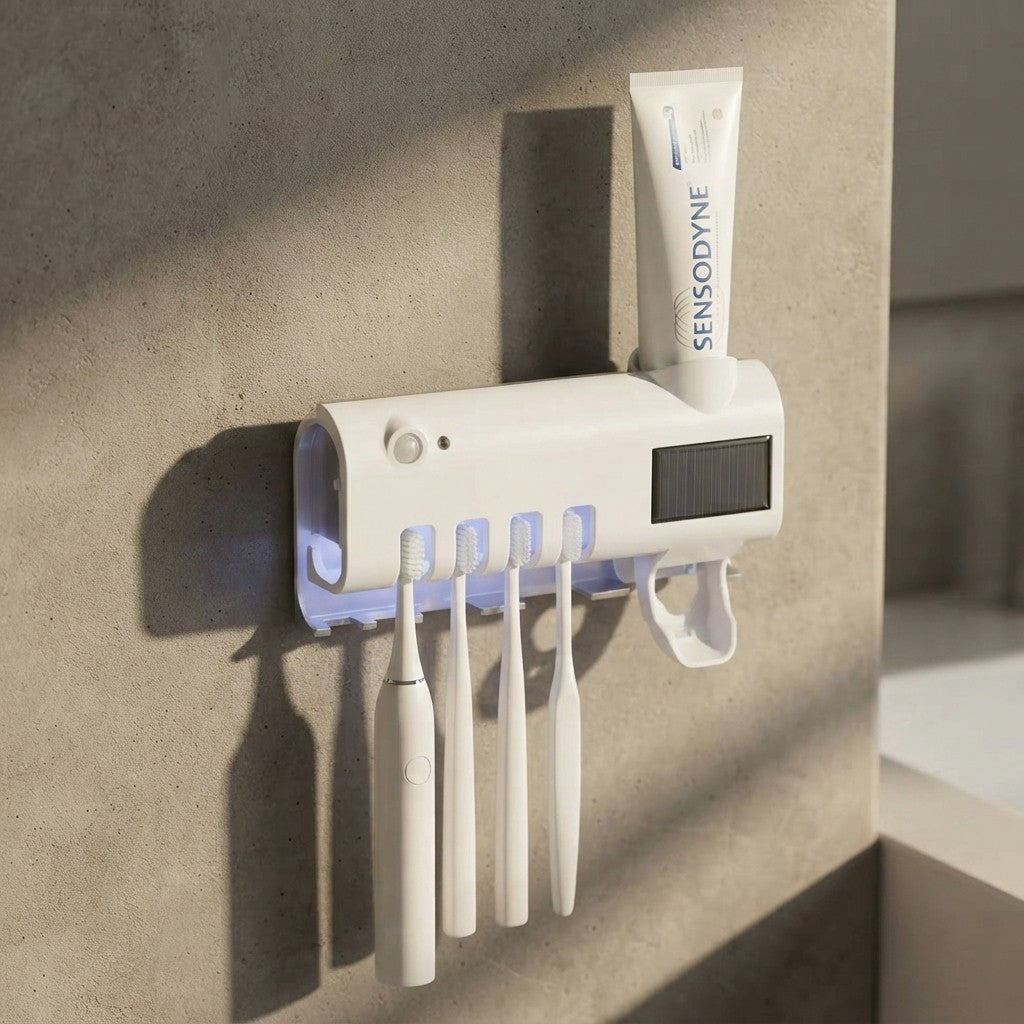 Wall-mounted UV toothbrush holder with toothpaste dispenser above a bathroom sink